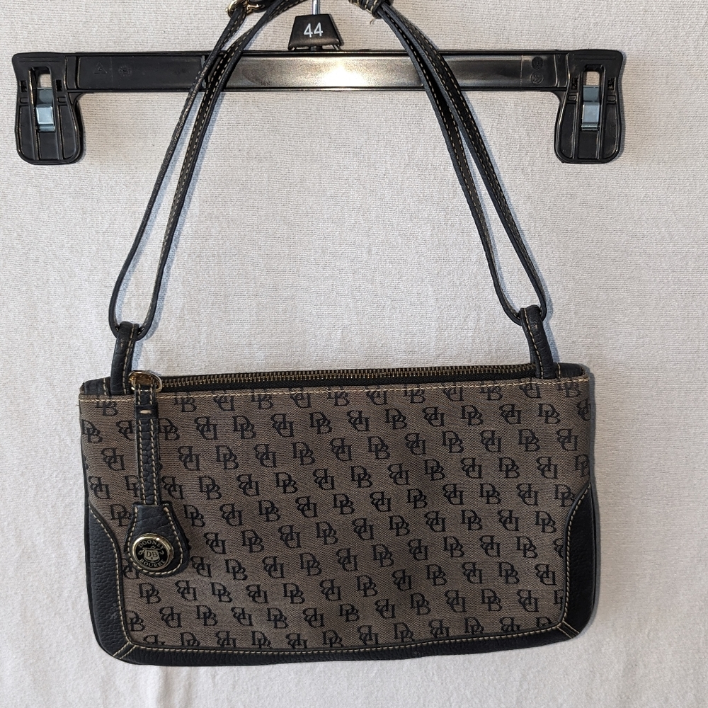 Dooney and Bourke PURSE VINTAGE Black Leather Gray Canvas Crossbody/Wristlet Bag